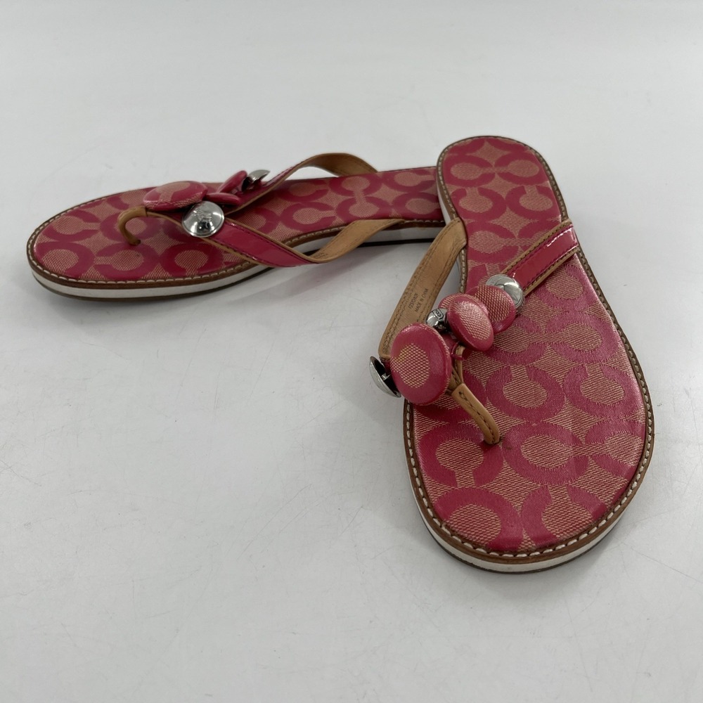 Coach Womens Signature Coated‎ Canvas Flip Flop Thong Patent Button Melon 8.5
